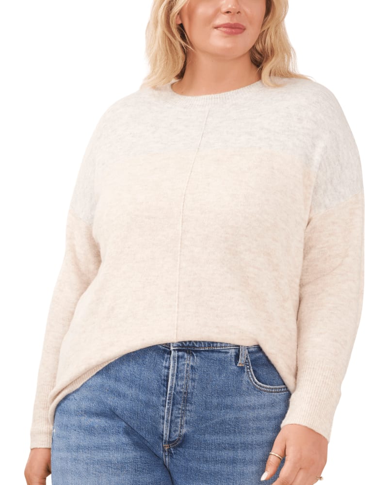 Front of a model wearing a size 1X Aria Colorblock Cozy Sweater in MALTED by Vince Camuto. | dia_product_style_image_id:261312